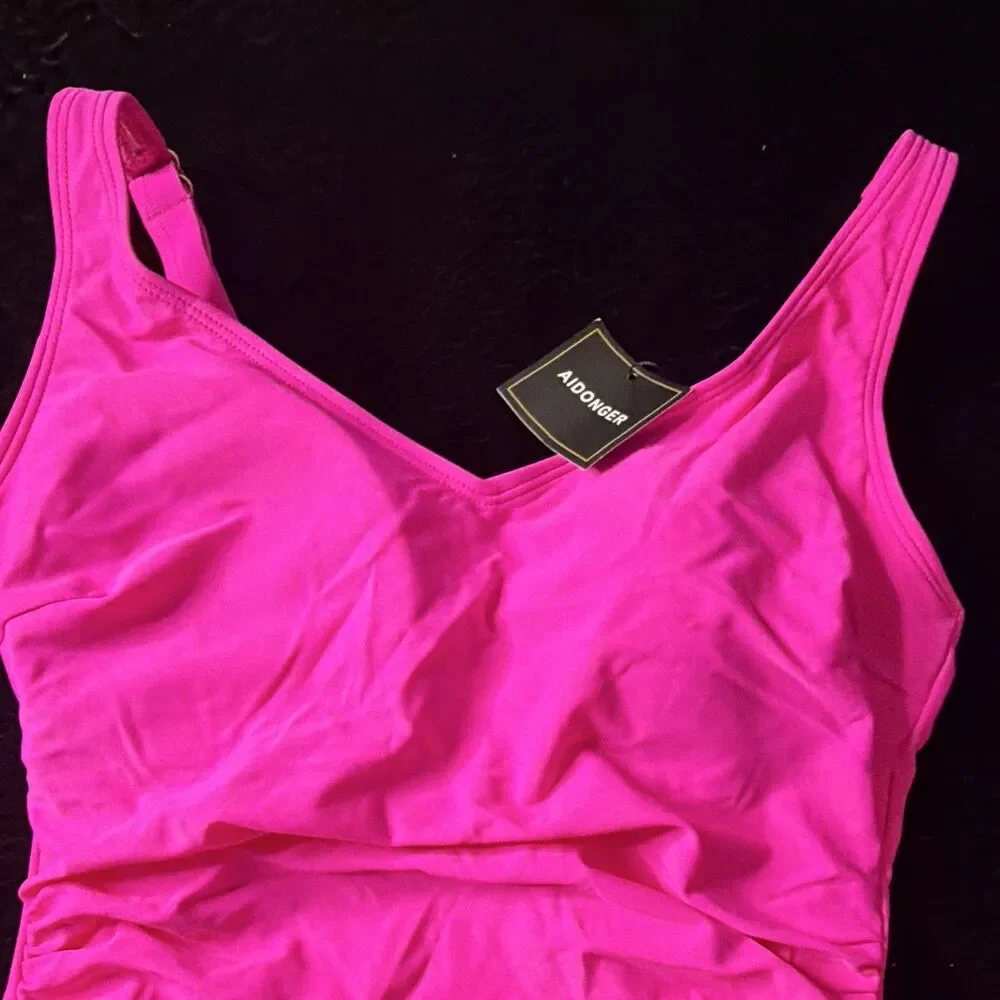 AIDONGER Women's Pink Solid Swimdress One Piece Padded Adjustable Straps, M
